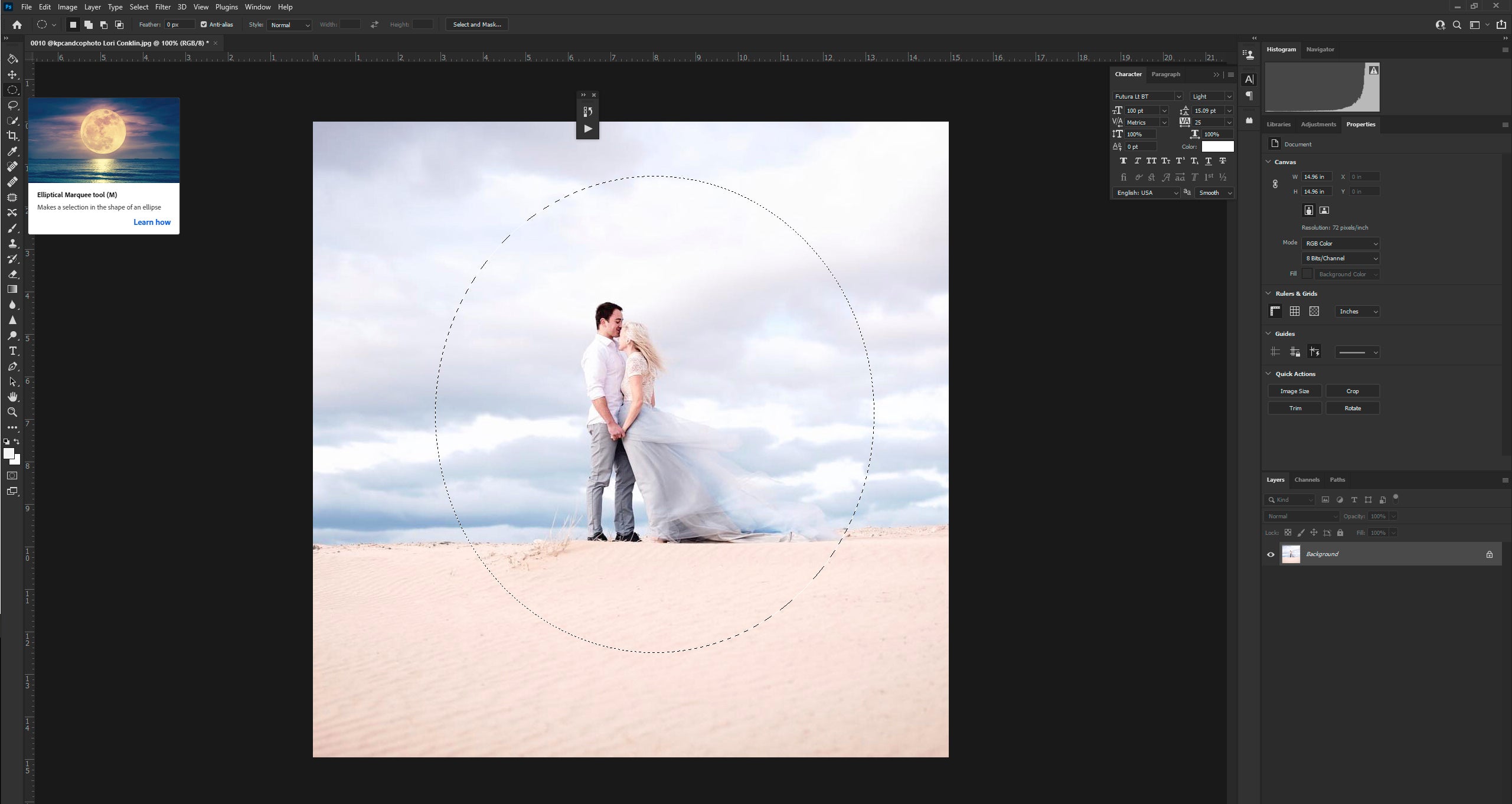 Making selection through elliptical marquee tool in Photoshop
