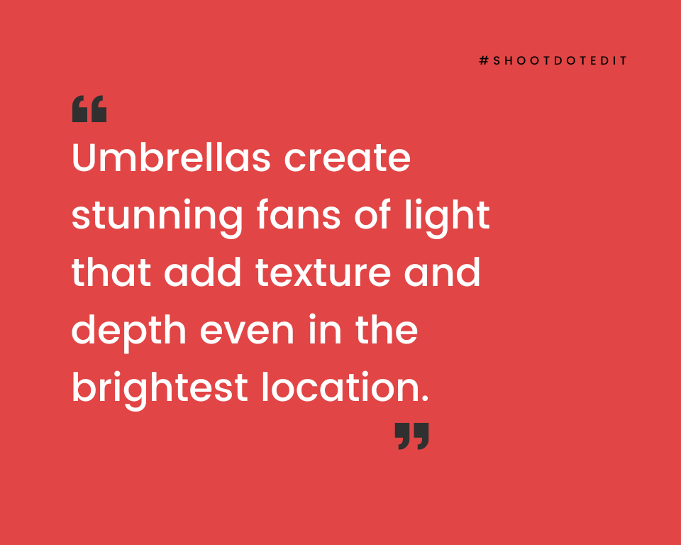 infographic stating umbrellas create stunning fans of light that add texture and depth even in the brightest location