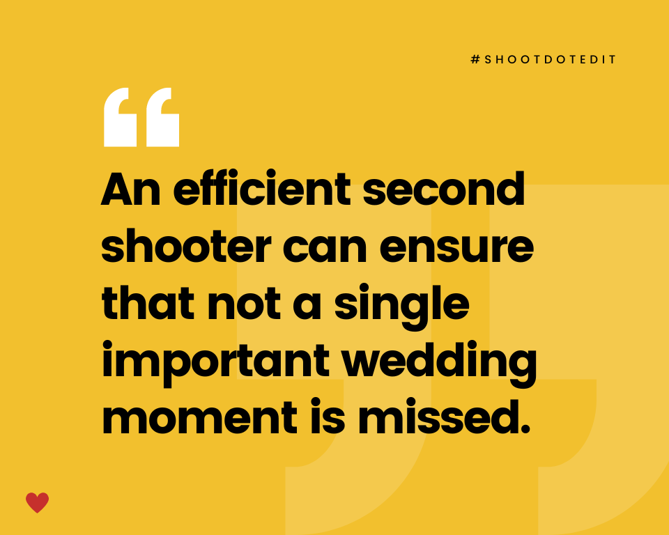 infographic stating an efficient second shooter can ensure that not a single important wedding moment is missed